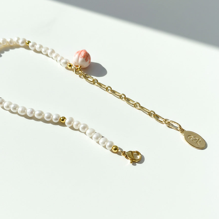 Freshwater Pearl Bracelet with Hand-Painted Peach Charm