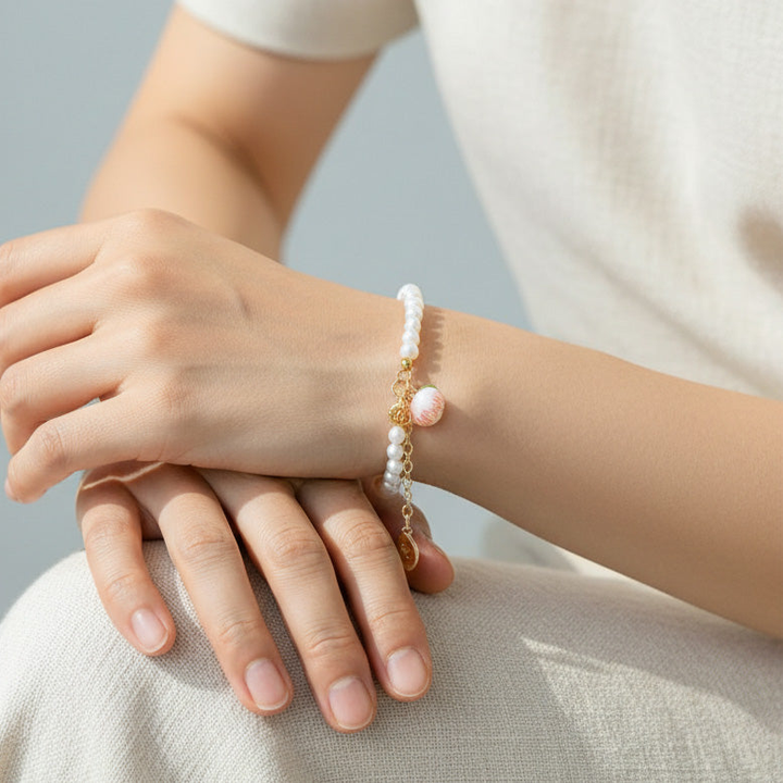 Freshwater Pearl Bracelet with Hand-Painted Peach Charm