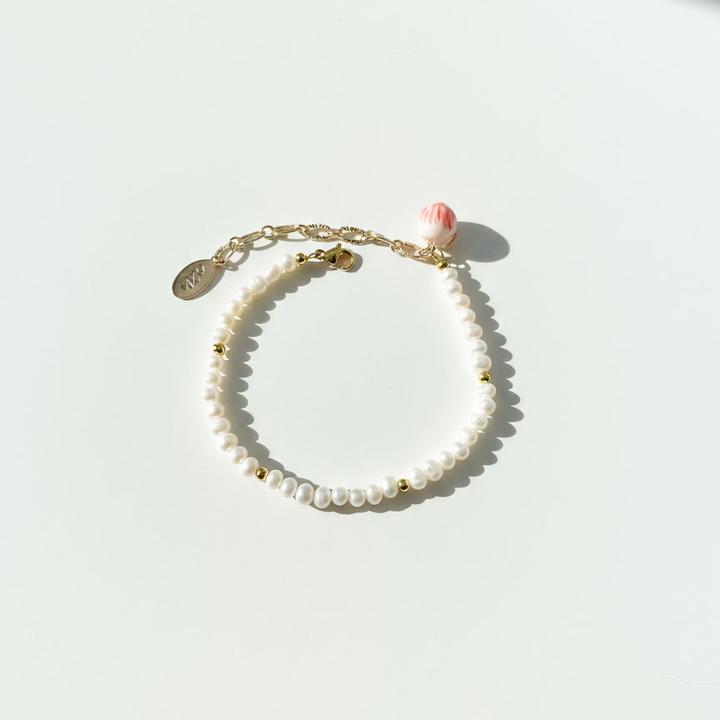 Freshwater Pearl Bracelet with Hand-Painted Peach Charm