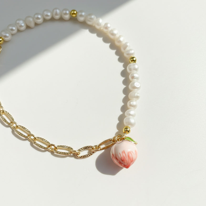 Freshwater Pearl Bracelet with Hand-Painted Peach Charm