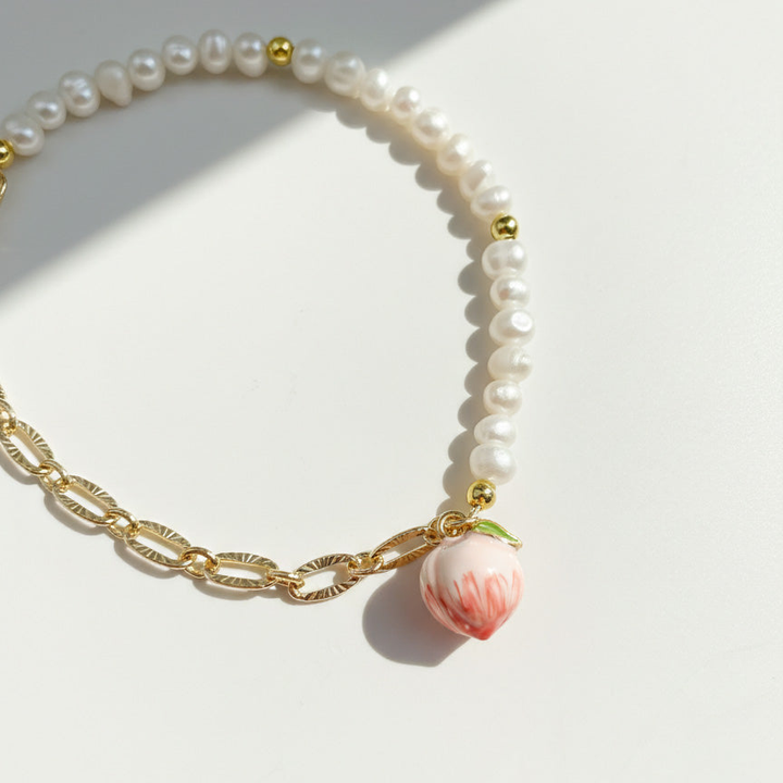 Freshwater Pearl Bracelet with Hand-Painted Peach Charm