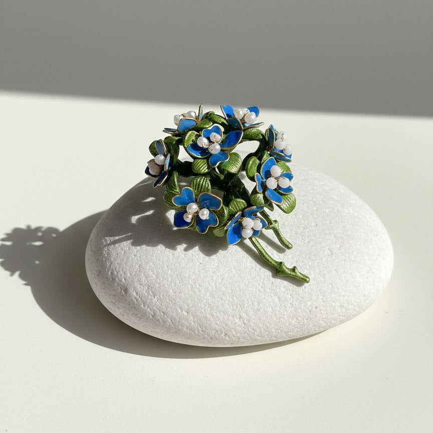 Hand-Painted Blue Floral Brooch with Freshwater Pearls
