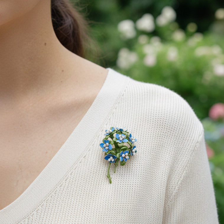 Hand-Painted Blue Floral Brooch with Freshwater Pearls