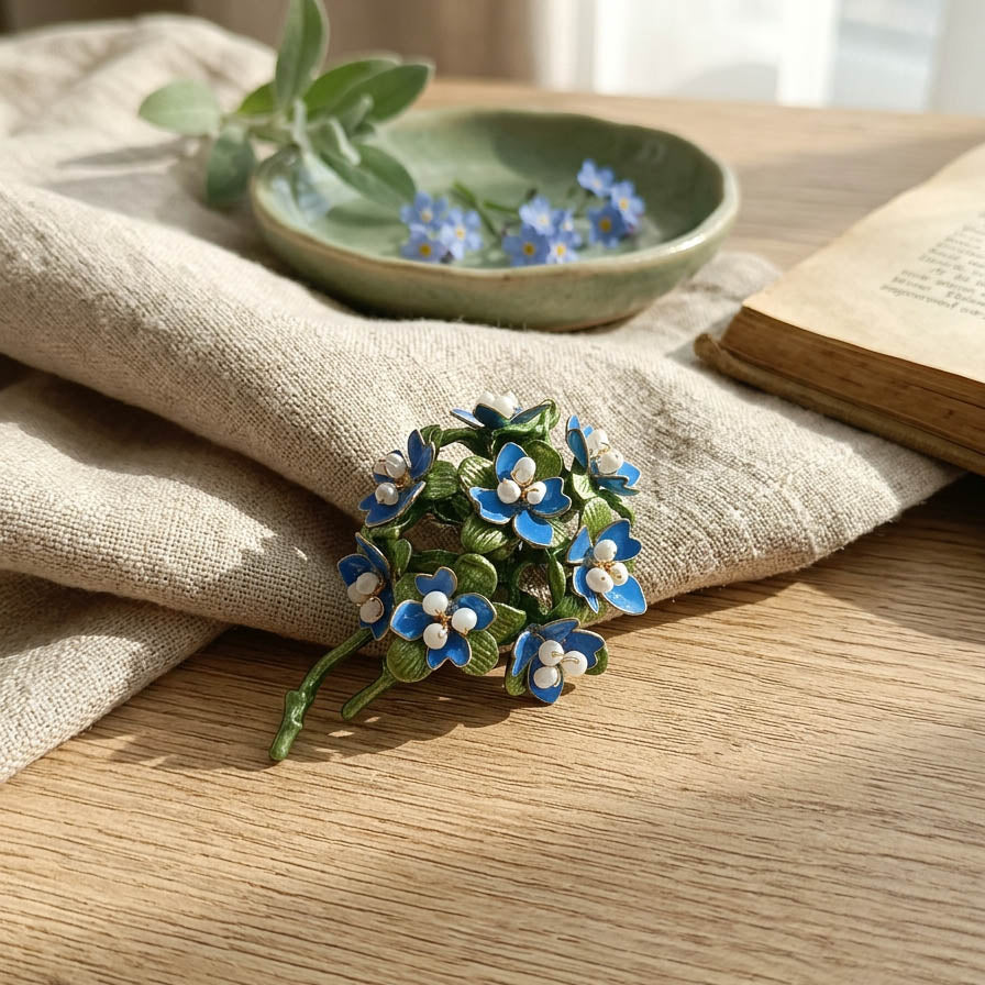 Hand-Painted Blue Floral Brooch with Freshwater Pearls