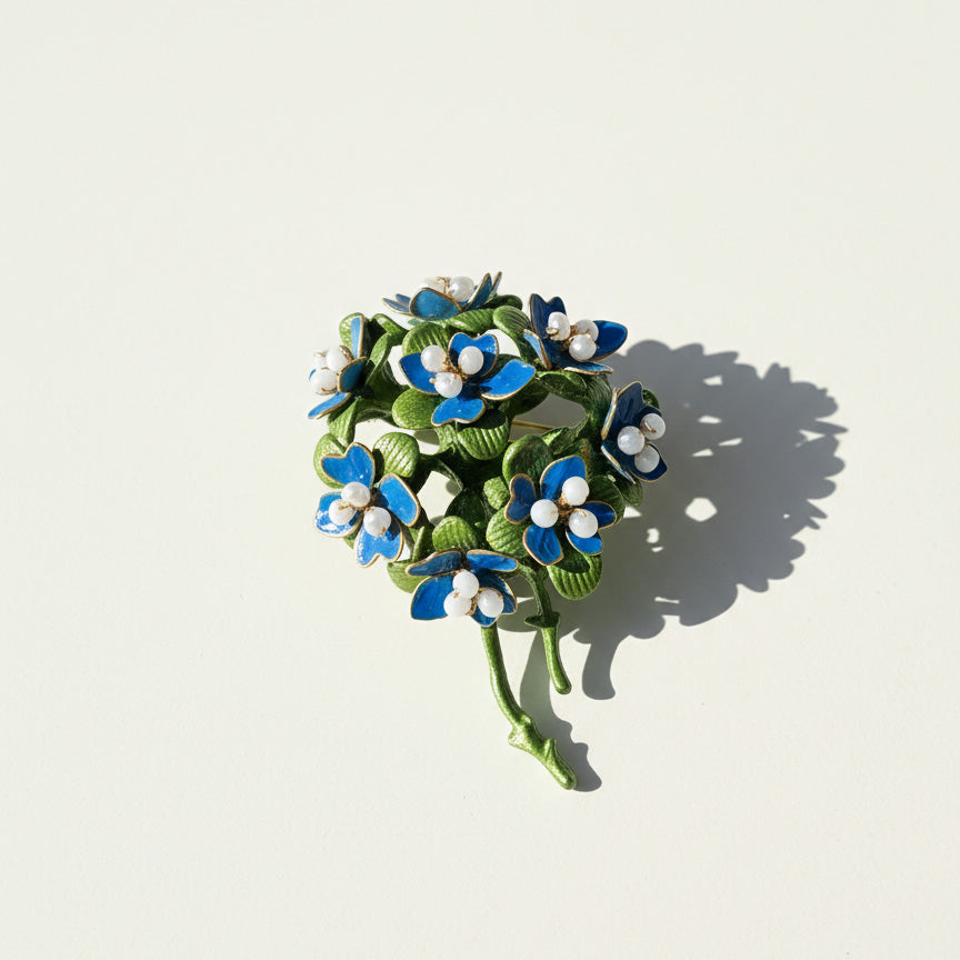 Hand-Painted Blue Floral Brooch with Freshwater Pearls