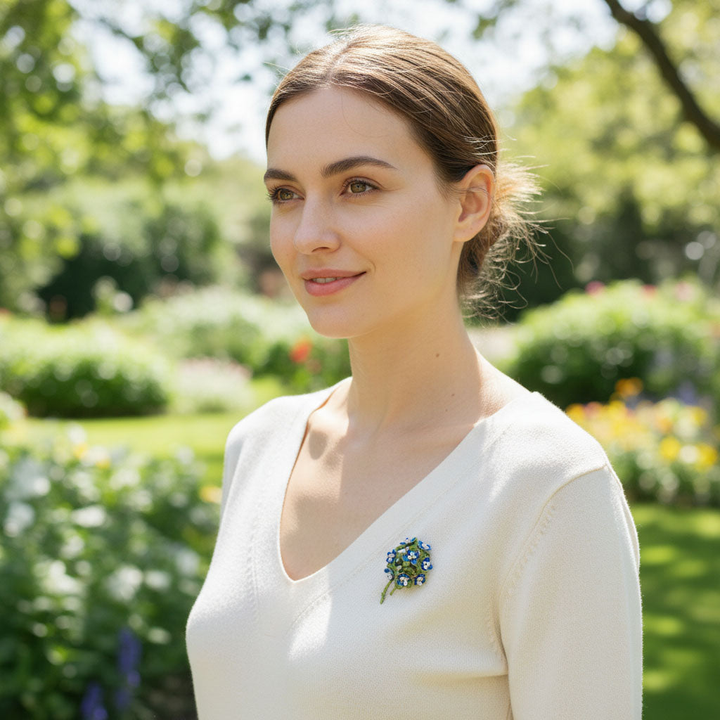 Hand-Painted Blue Floral Brooch with Freshwater Pearls