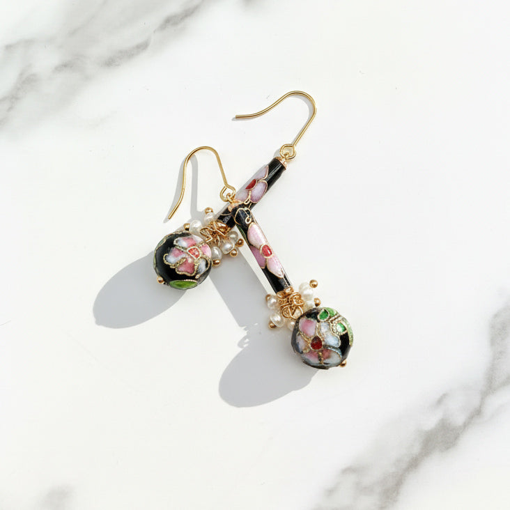 Hand-Painted Cloisonné Floral Drop Earrings with Pearls