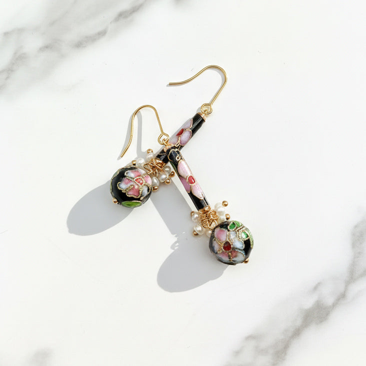 Hand-Painted Cloisonné Floral Drop Earrings with Pearls