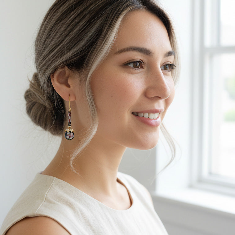 Hand-Painted Cloisonné Floral Drop Earrings with Pearls