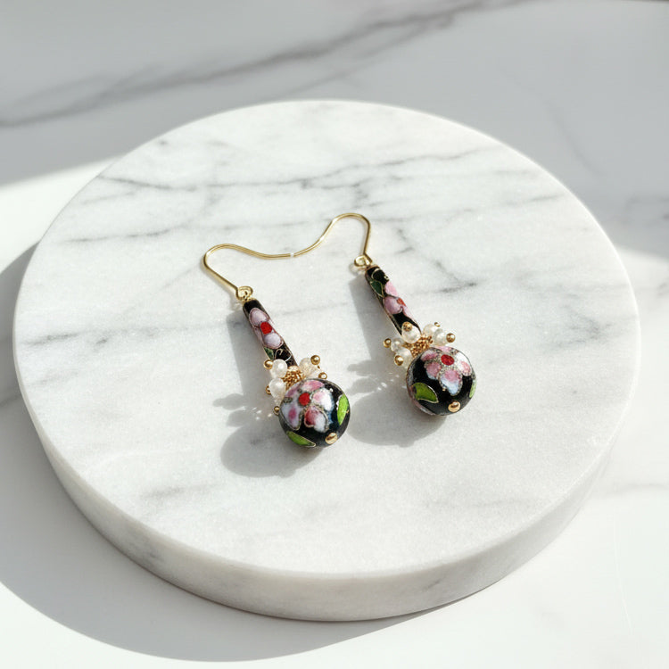 Hand-Painted Cloisonné Floral Drop Earrings with Pearls