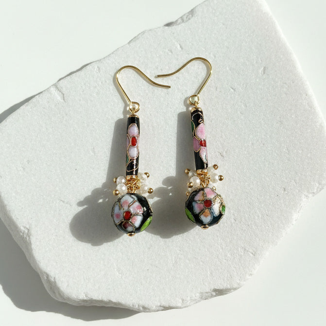 Hand-Painted Cloisonné Floral Drop Earrings with Pearls