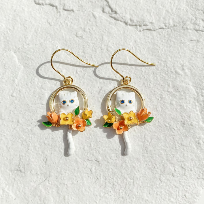 Hand-Painted Enamel Cat & Floral Drop Earrings