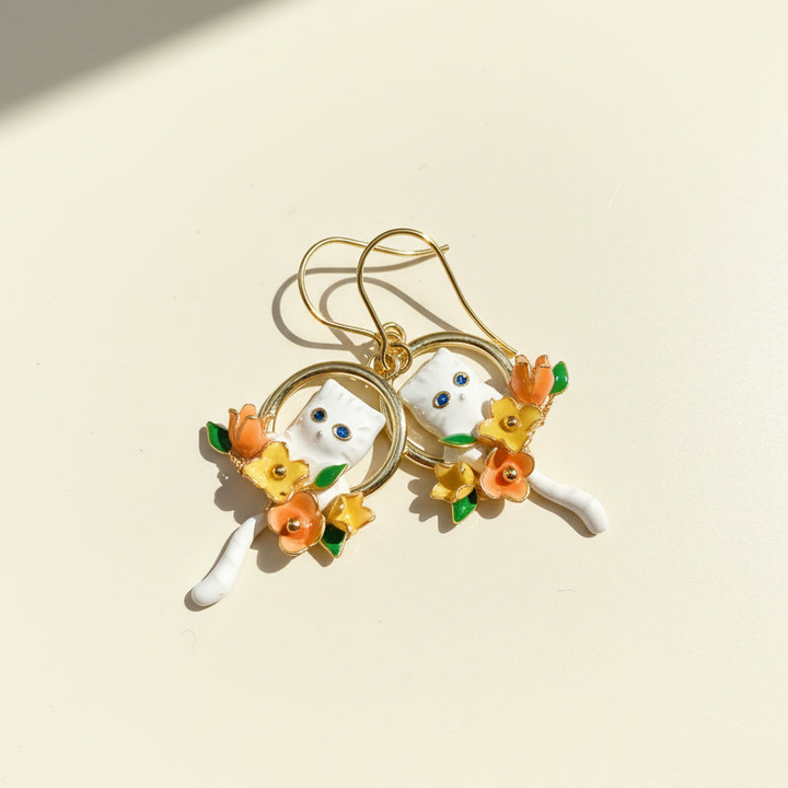 Hand-Painted Enamel Cat &amp; Floral Drop Earrings