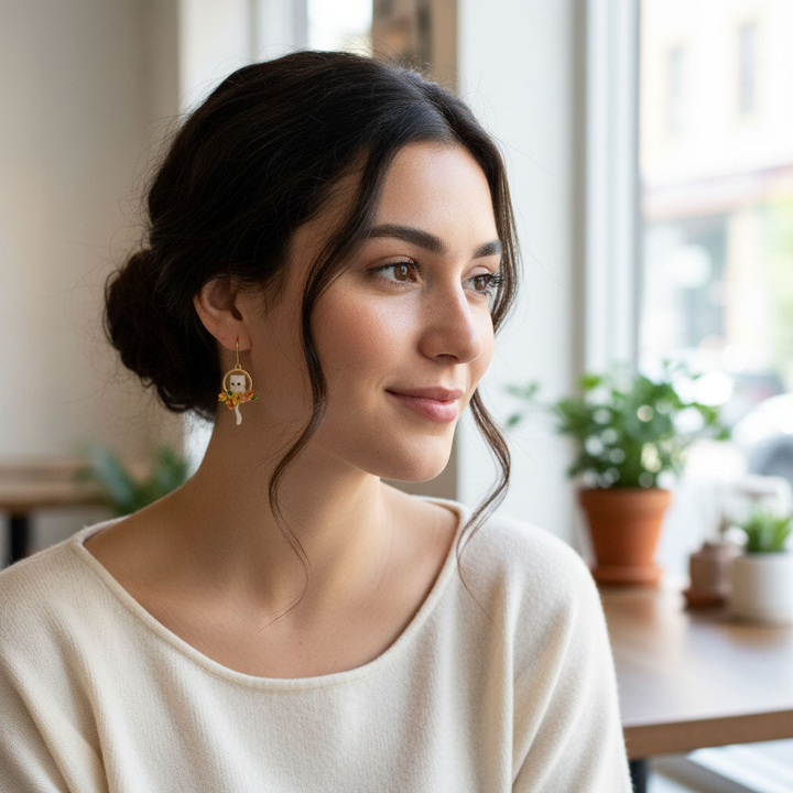 Hand-Painted Enamel Cat &amp; Floral Drop Earrings