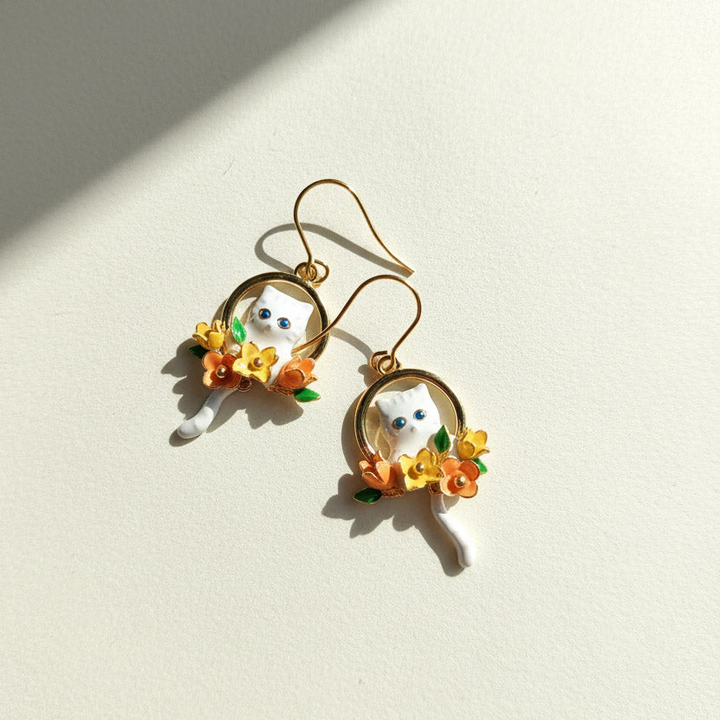Hand-Painted Enamel Cat &amp; Floral Drop Earrings