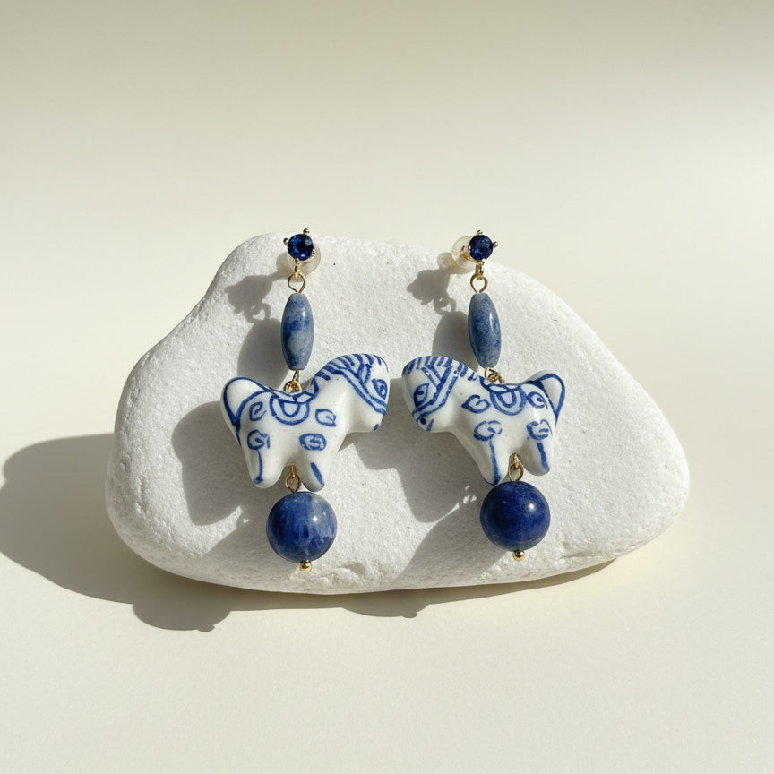 Hand-Painted Porcelain Horse Drop Earrings with Lapis