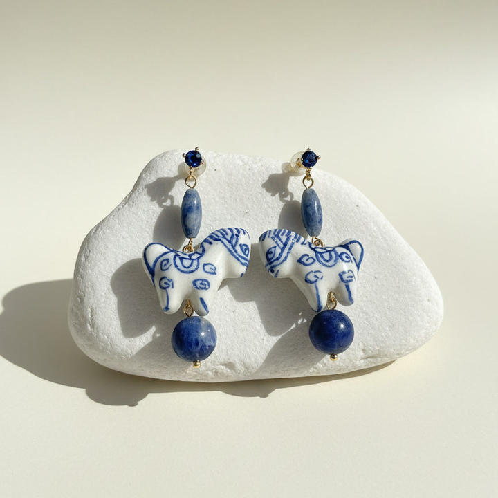Hand-Painted Porcelain Horse Drop Earrings with Lapis