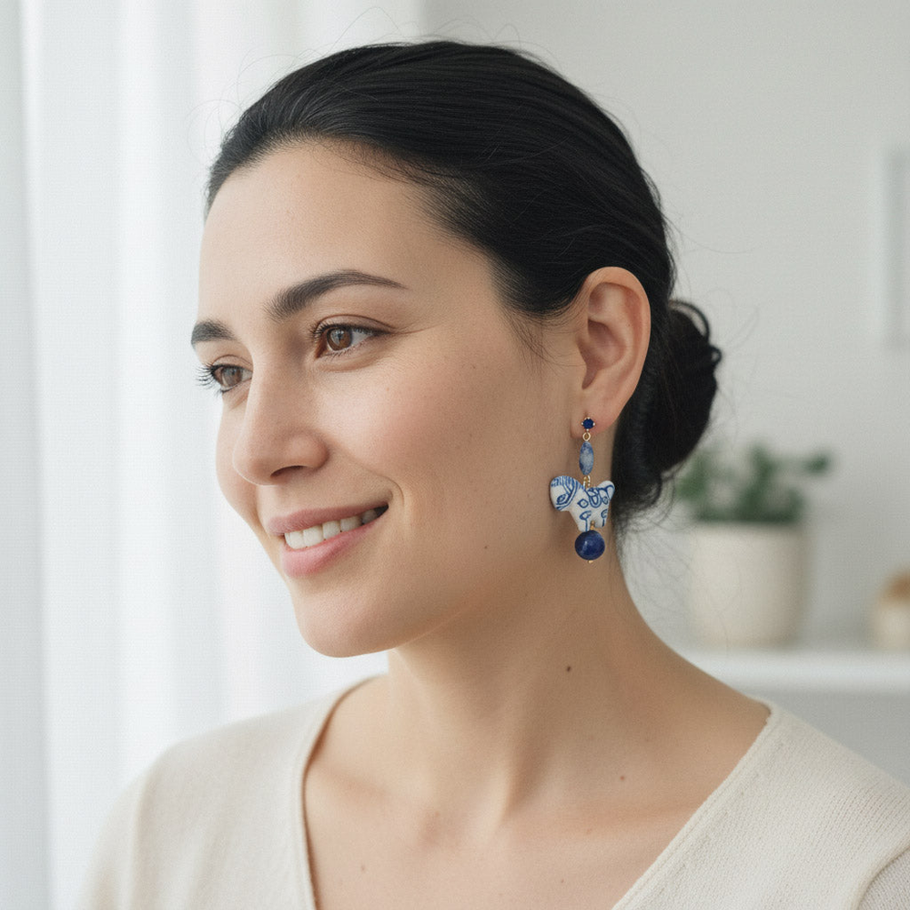 Hand-Painted Porcelain Horse Drop Earrings with Lapis