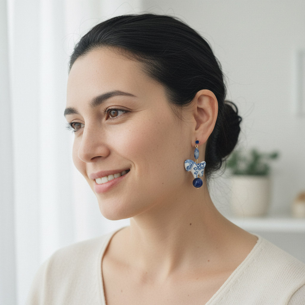 Hand-Painted Porcelain Horse Drop Earrings with Lapis