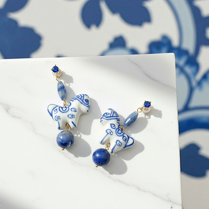 Hand-Painted Porcelain Horse Drop Earrings with Lapis