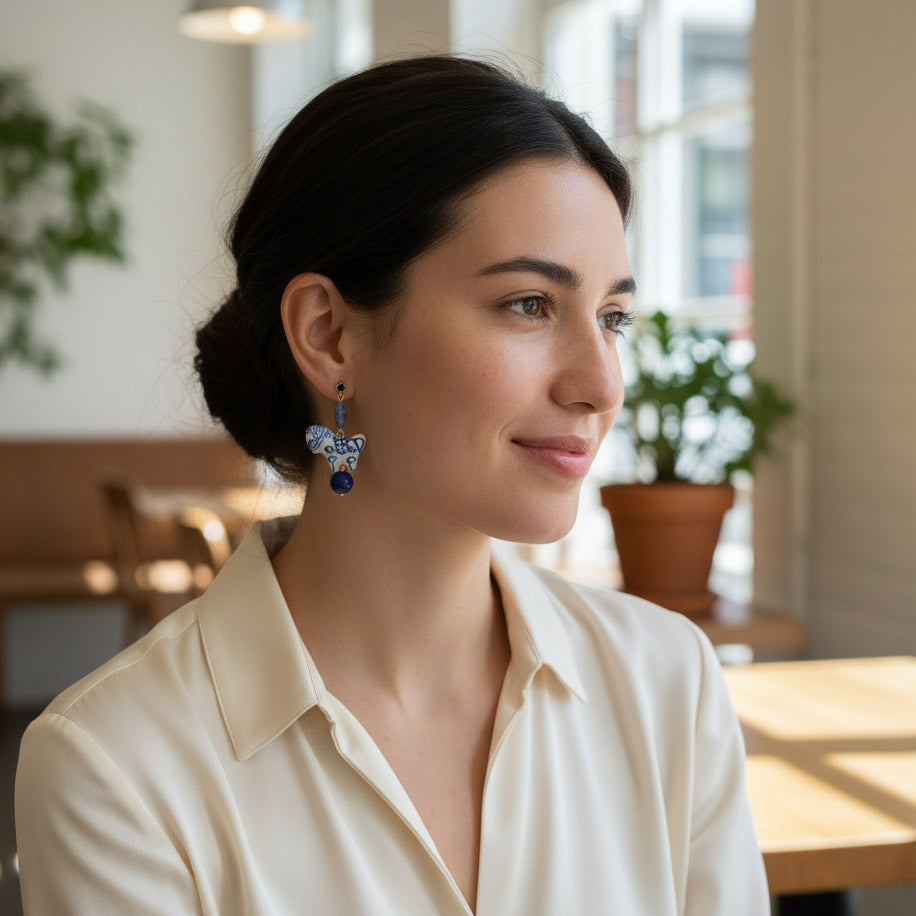 Hand-Painted Porcelain Horse Drop Earrings with Lapis