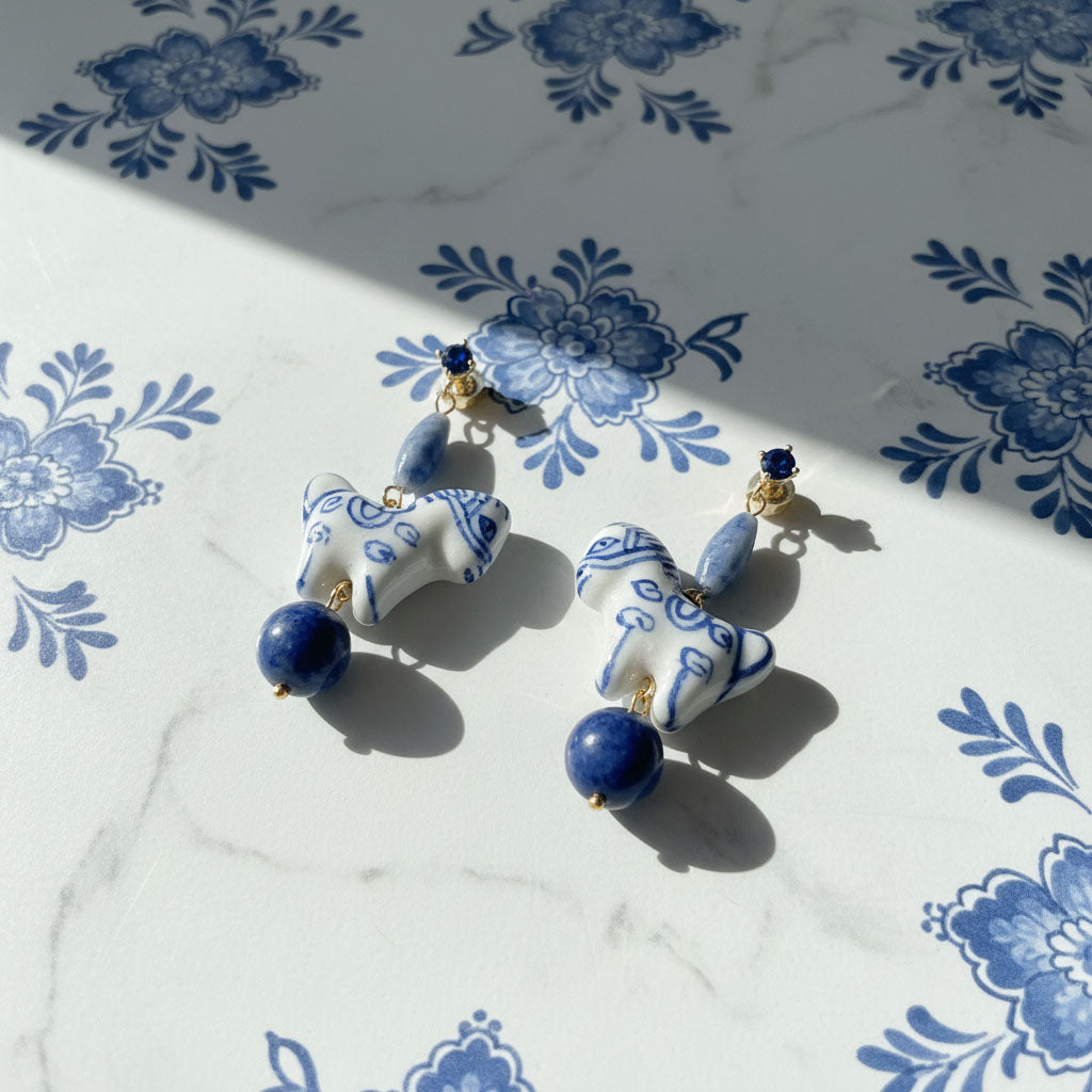 Hand-Painted Porcelain Horse Drop Earrings with Lapis