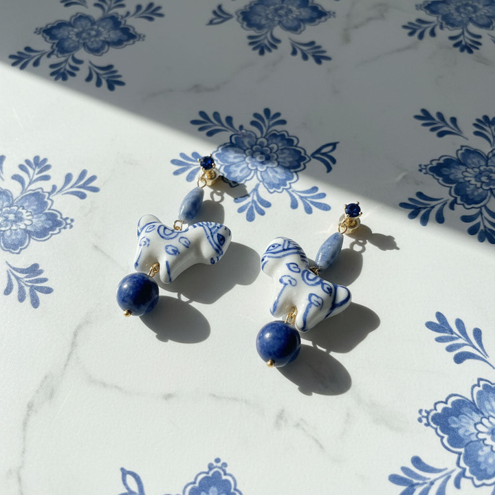 Hand-Painted Porcelain Horse Drop Earrings with Lapis