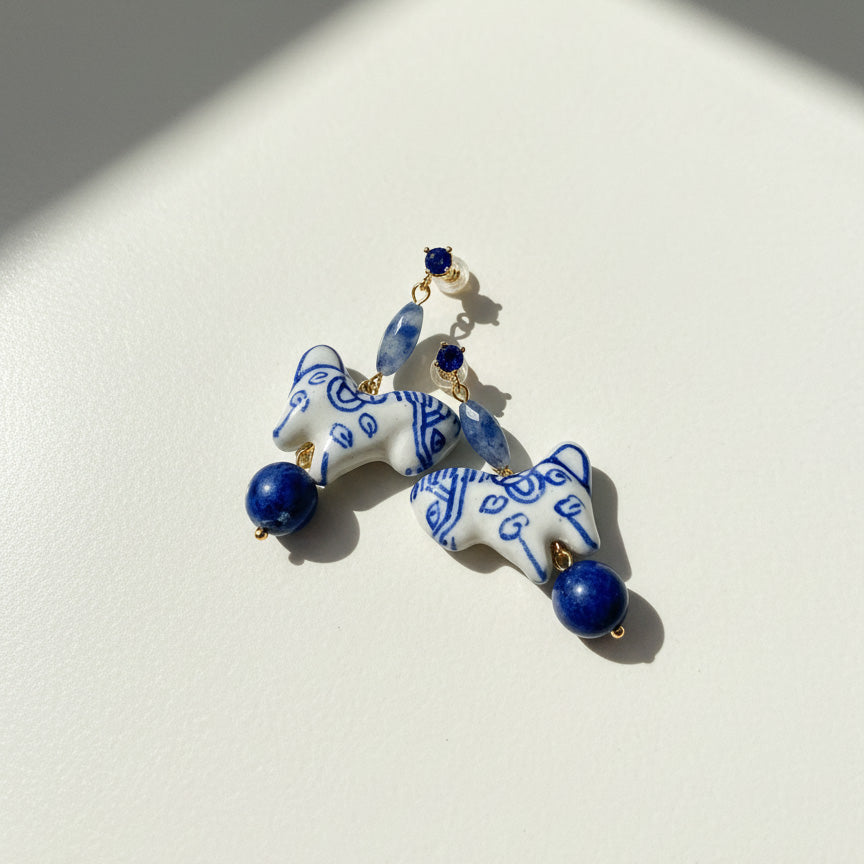 Hand-Painted Porcelain Horse Drop Earrings with Lapis