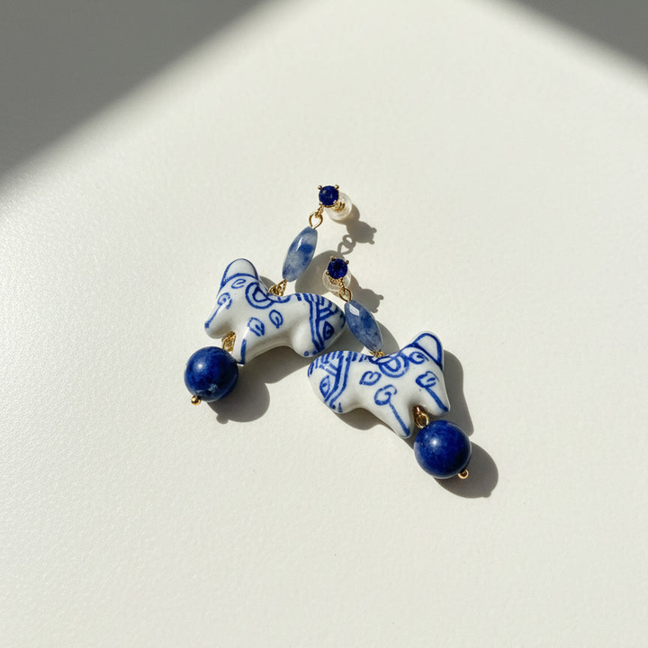 Hand-Painted Porcelain Horse Drop Earrings with Lapis
