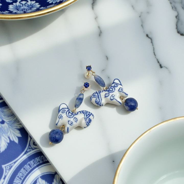 Hand-Painted Porcelain Horse Drop Earrings with Lapis