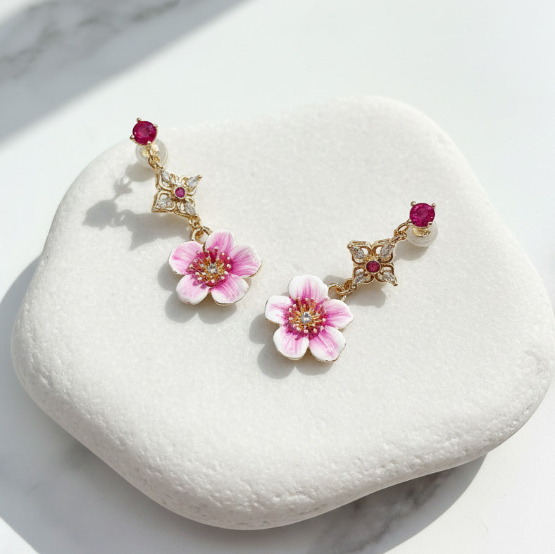 Hand-Painted Pink Sakura Flower Dangle Earrings with CZ