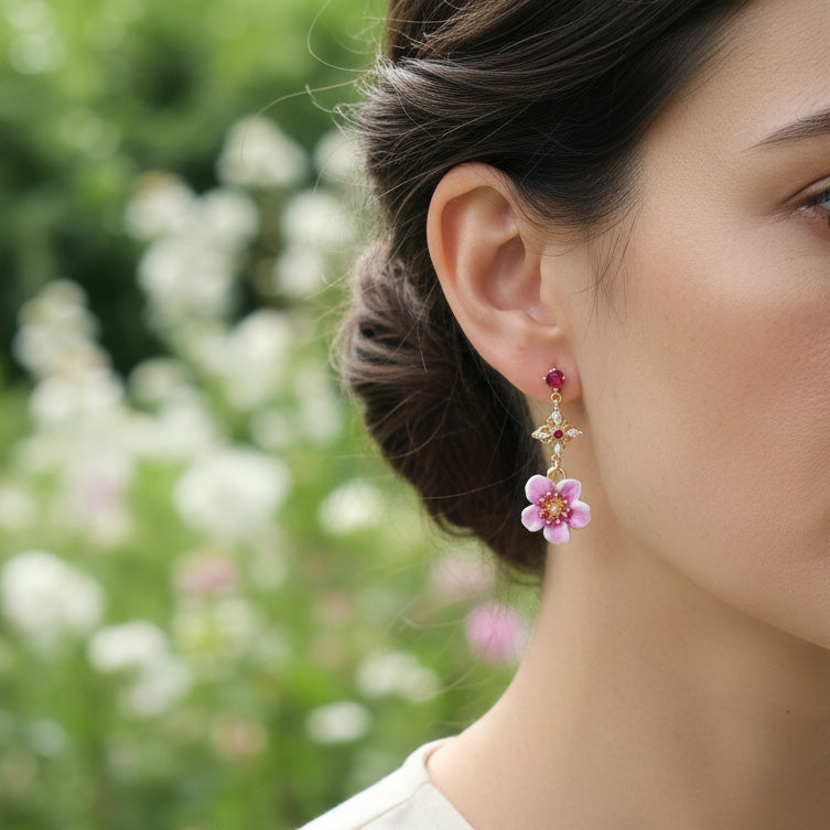 Hand-Painted Pink Sakura Flower Dangle Earrings with CZ