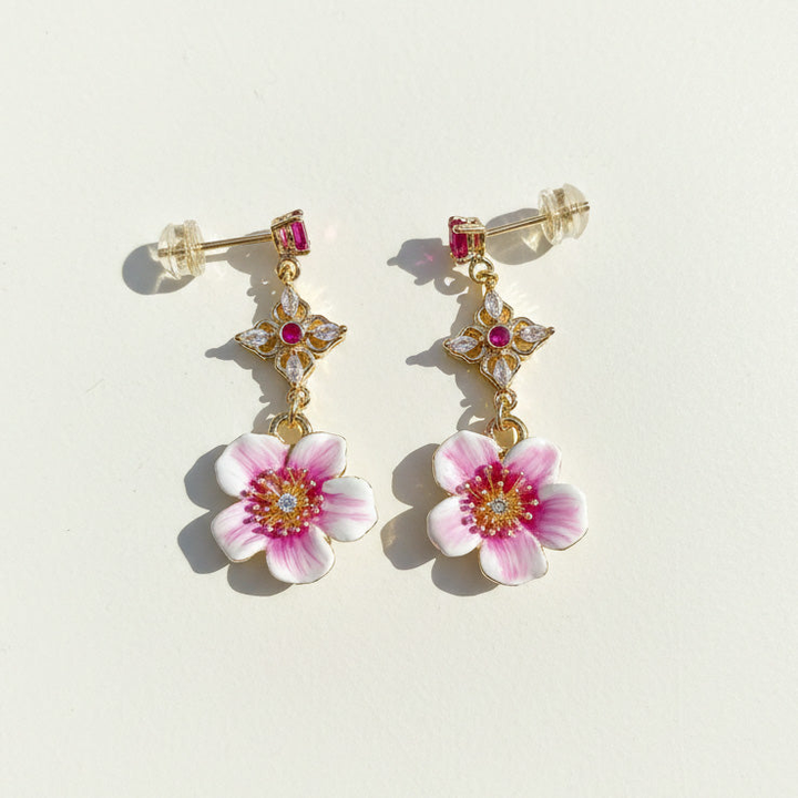 Hand-Painted Pink Sakura Flower Dangle Earrings with CZ
