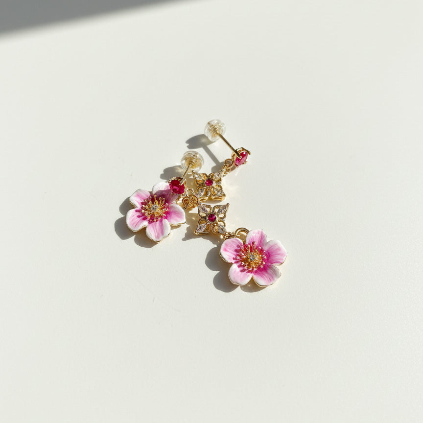Hand-Painted Pink Sakura Flower Dangle Earrings with CZ