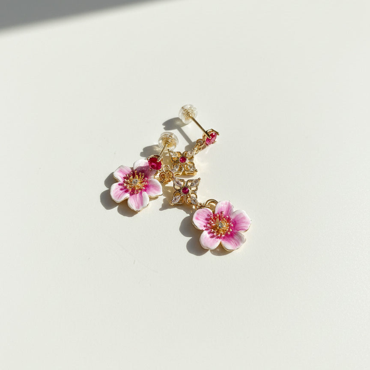Hand-Painted Pink Sakura Flower Dangle Earrings with CZ