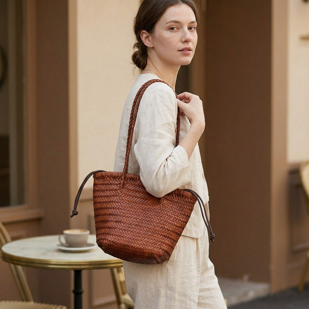 Handwoven Leather Bucket Bag