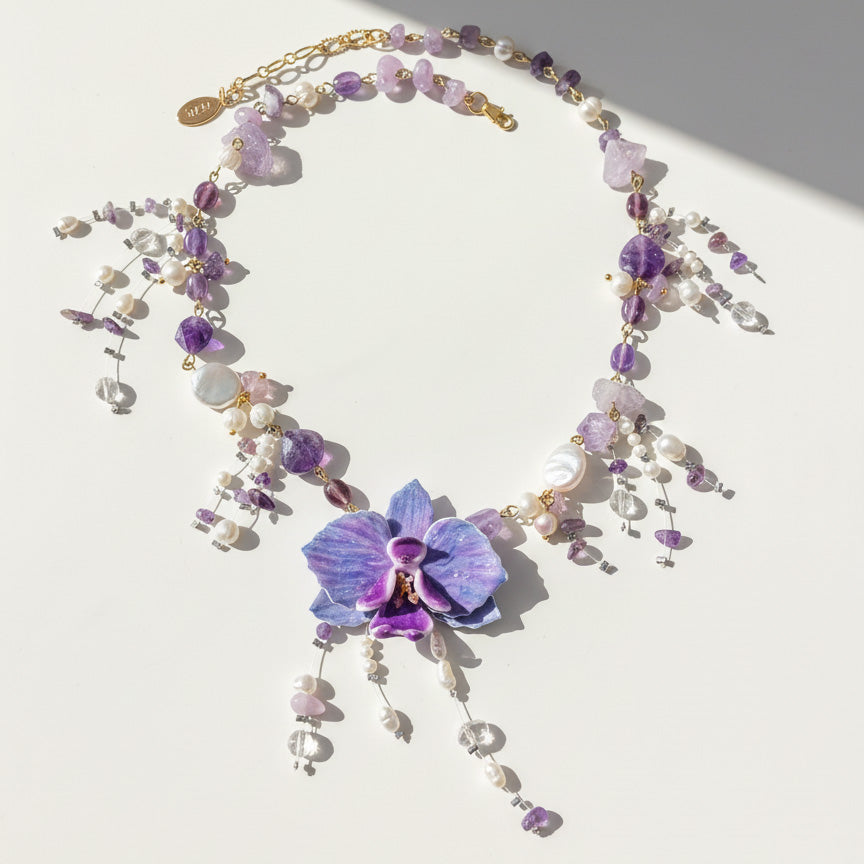 Handcrafted Orchid Amethyst & Pearl Necklace