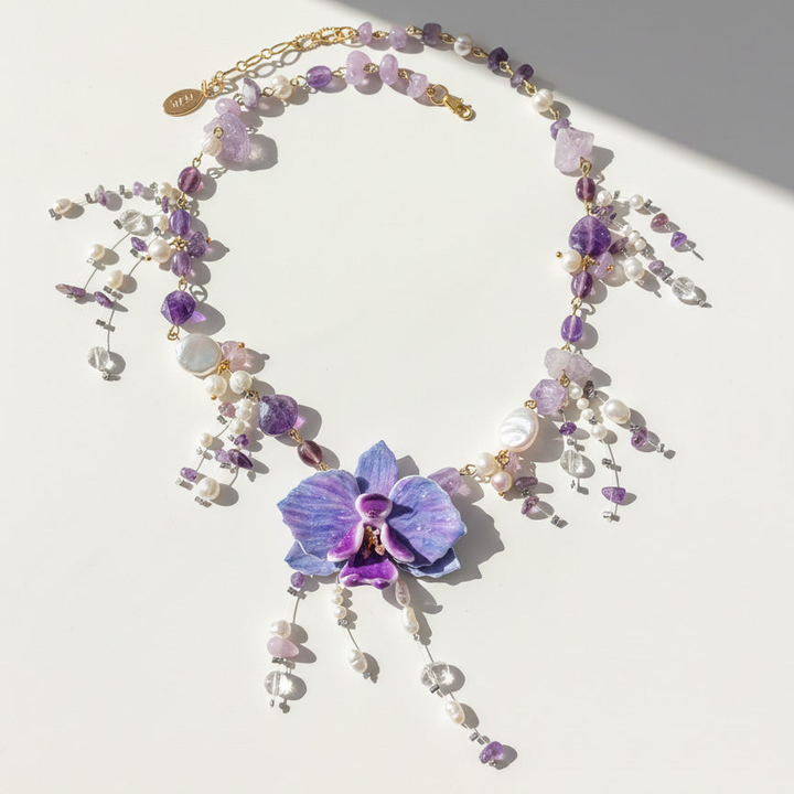 Handcrafted Orchid Amethyst &amp; Pearl Necklace