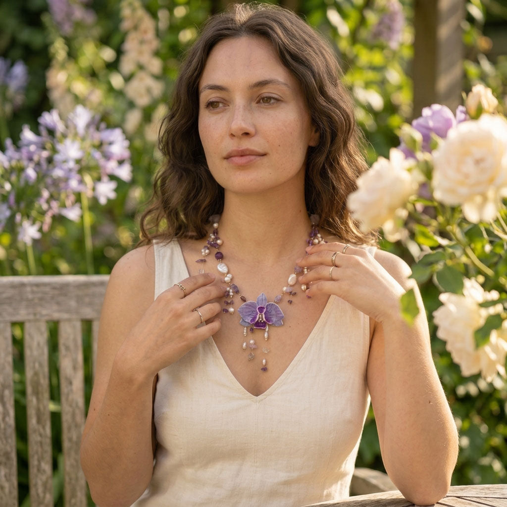 Handcrafted Orchid Amethyst & Pearl Necklace