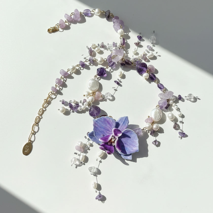 Handcrafted Orchid Amethyst &amp; Pearl Necklace