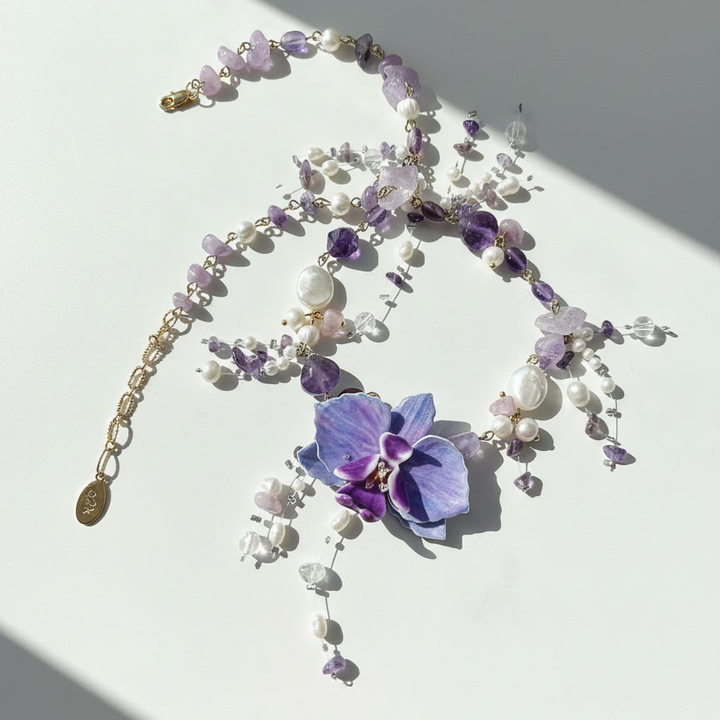 Handcrafted Orchid Amethyst &amp; Pearl Necklace