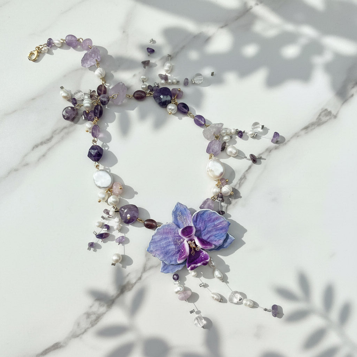 Handcrafted Orchid Amethyst &amp; Pearl Necklace