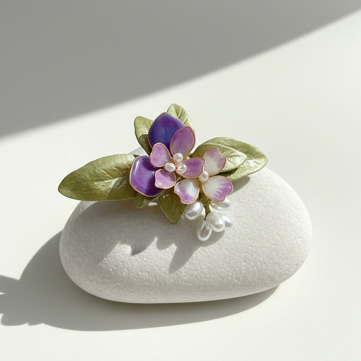 Handcrafted Orchid Floral Brooch with Freshwater Pearls