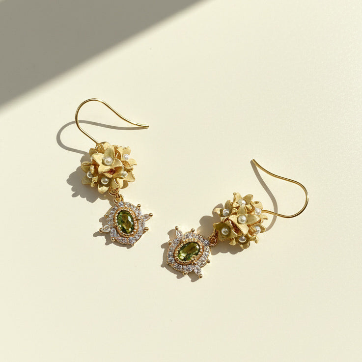 Handpainted Hydrangea Flower Earrings with CZ Stones