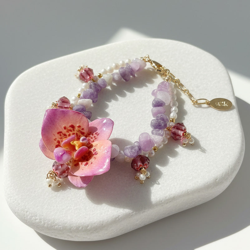 Hand-Painted Orchid Jade & Freshwater Pearl Bracelet