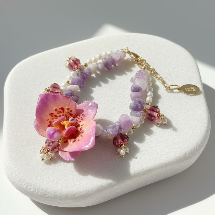 Hand-Painted Orchid Jade &amp; Freshwater Pearl Bracelet