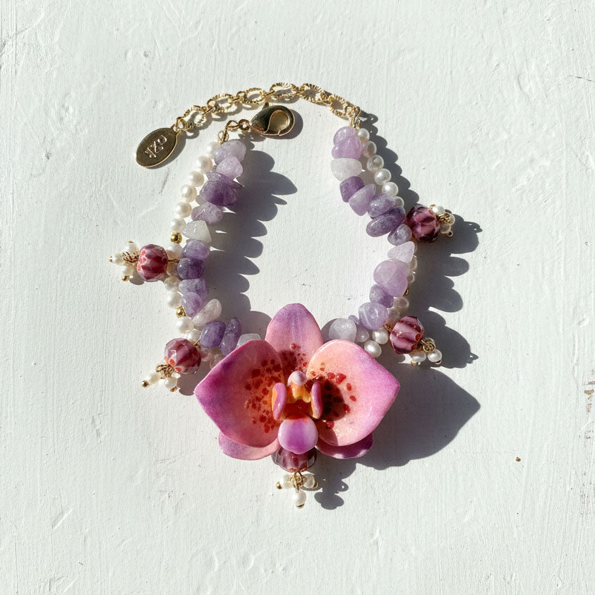 Hand-Painted Orchid Jade &amp; Freshwater Pearl Bracelet