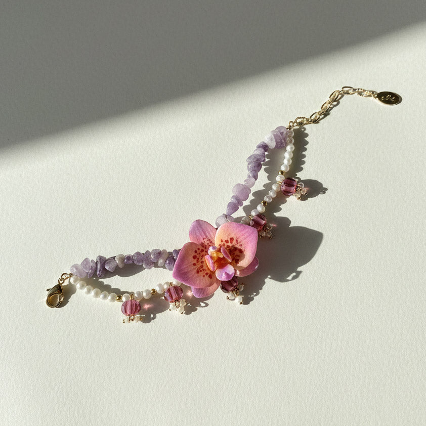 Hand-Painted Orchid Jade &amp; Freshwater Pearl Bracelet