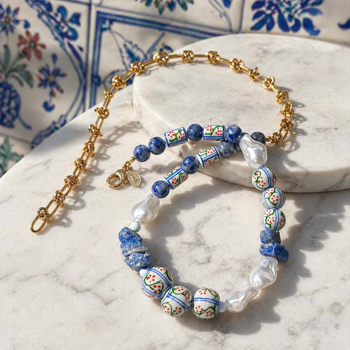 Handpainted Porcelain, Baroque Pearl &amp; Sodalite Necklace