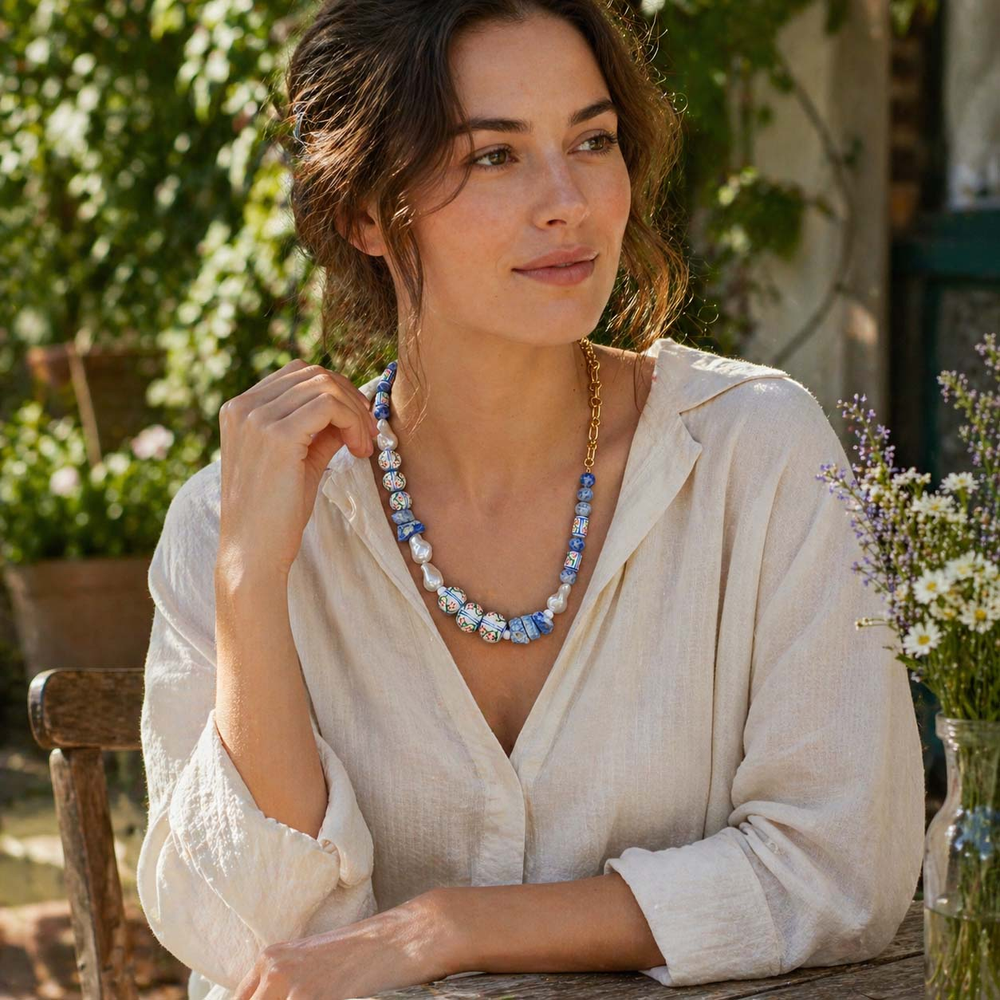Handpainted Porcelain, Baroque Pearl & Sodalite Necklace